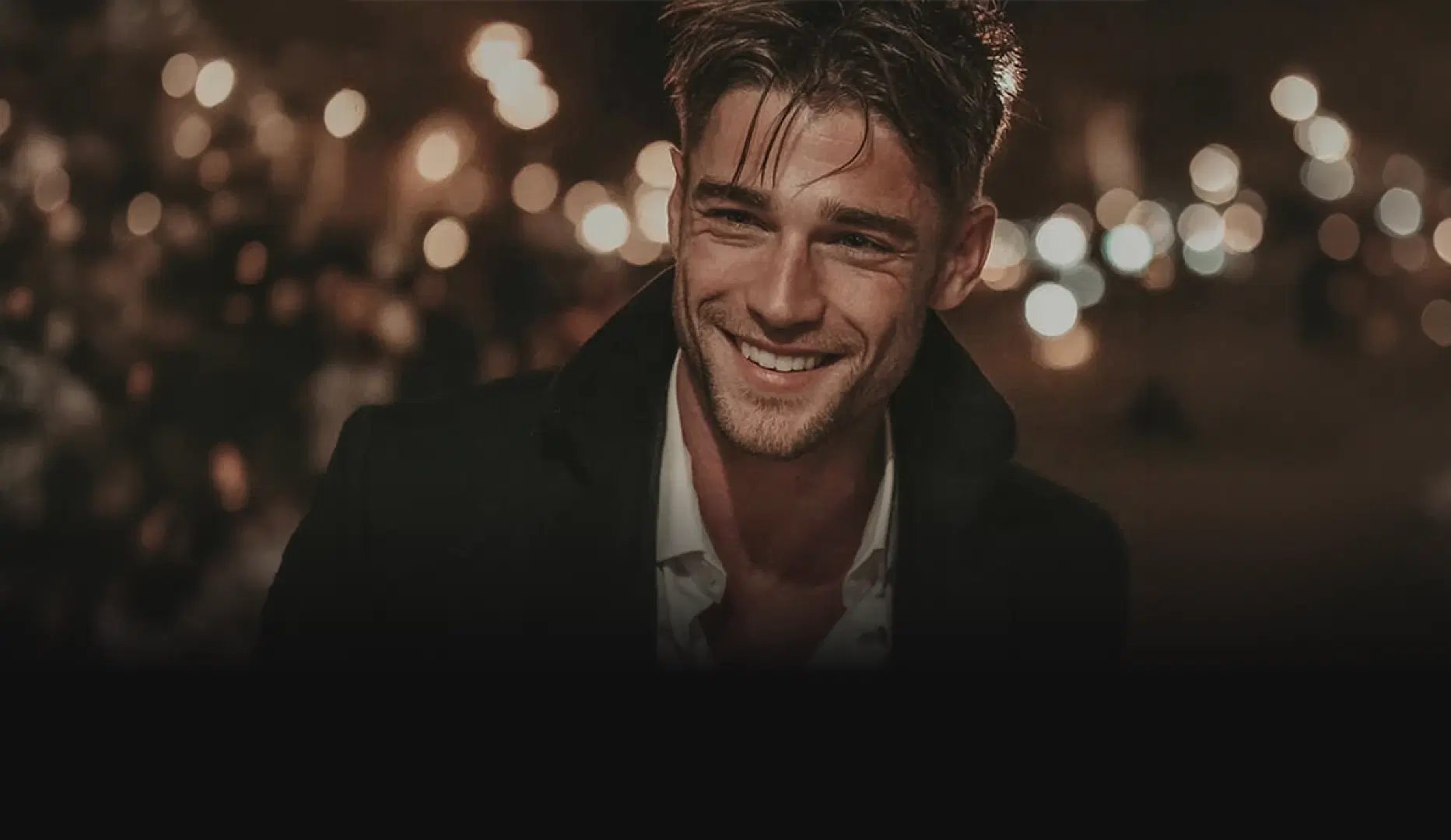 Charming AI boyfriend character smiling during a nighttime city date
